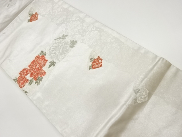 リサイクル　長谷川織物製　地紙に牡丹模様織出し名古屋帯